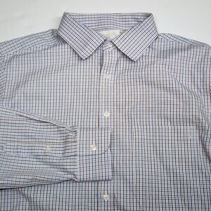 Roundtree & Yorke Gold Dress Shirt Mens Sz 17-34 Blue Tattersall Cotton Pinpoint